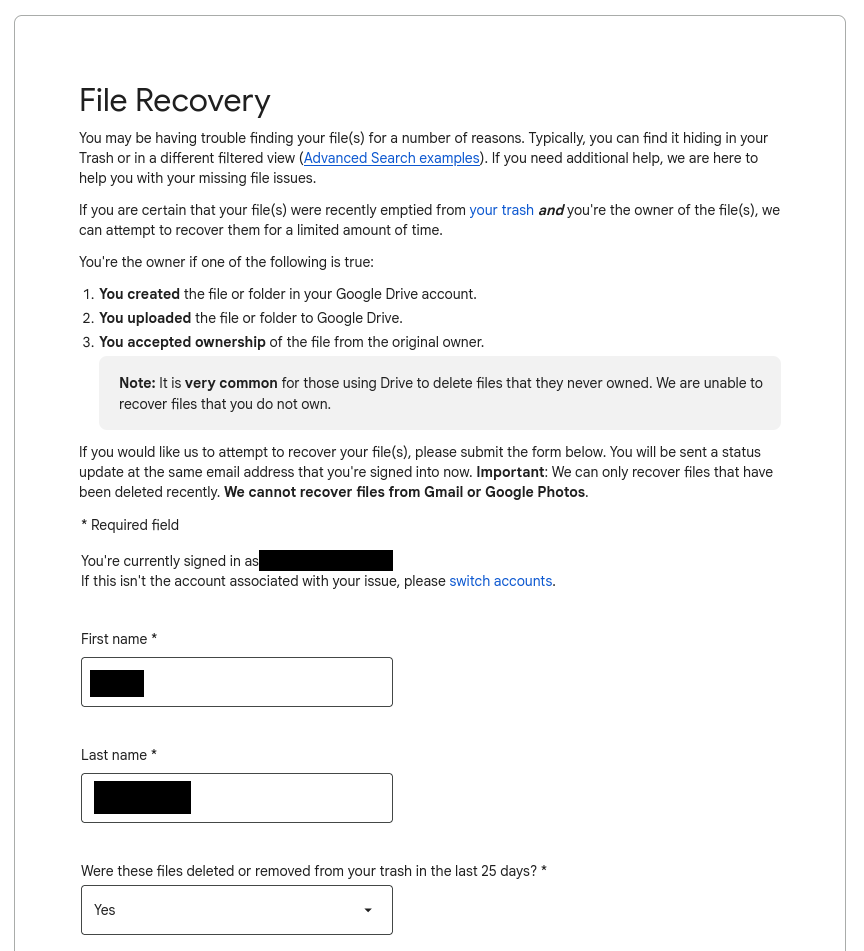 gdrive recovery form