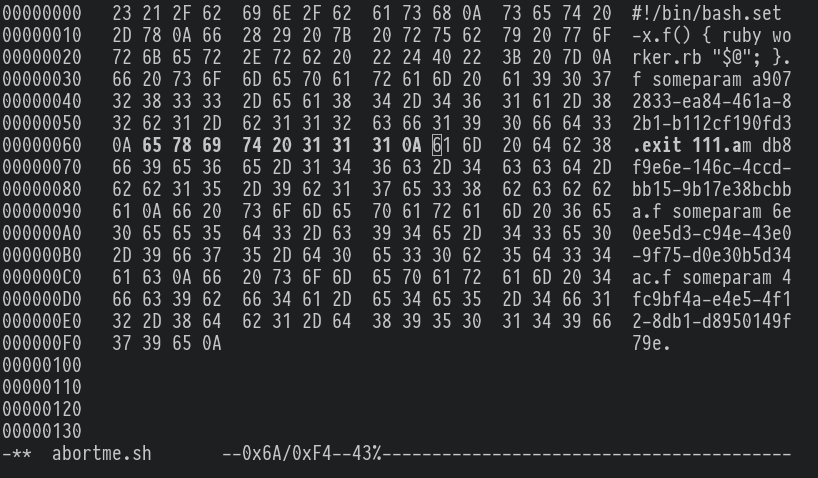 editing abortme.sh in hex editor to add “exit 111\n”